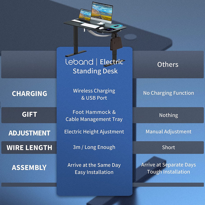 Leband Electric Standing Desk Height Adjustable Sit Stand Desk with Wireless Charging and USB Ports 48 x 24 Inch