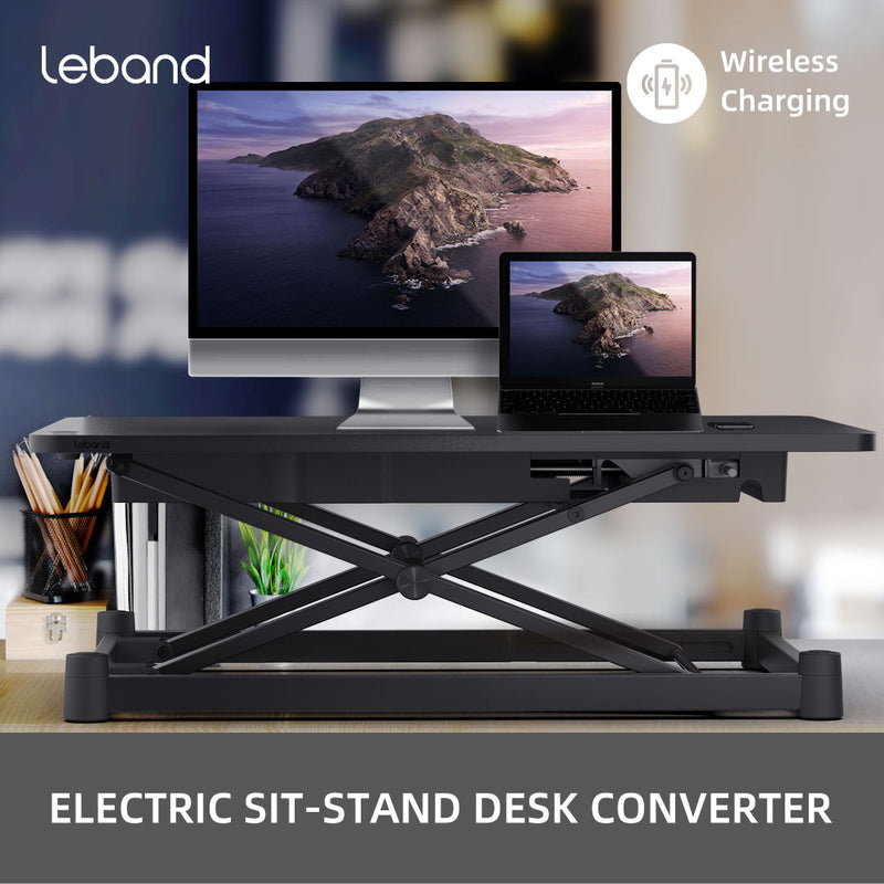Leband Electric Standing Desk Converter with Wireless Charging and 2 USB Ports, 34”